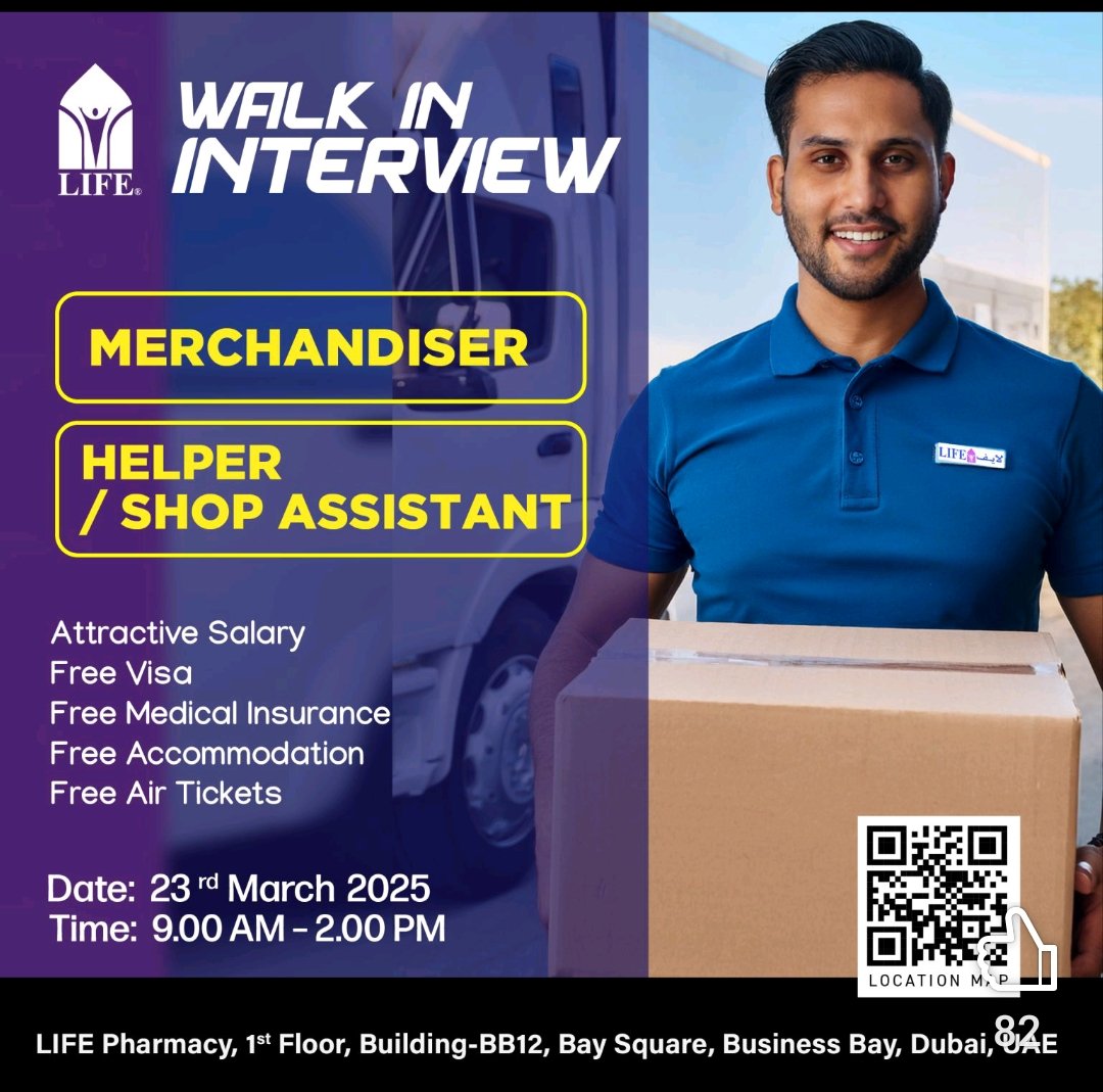Walk-in Interview for Merchandiser & Helper Positions at LIFE Pharmacy Dubai